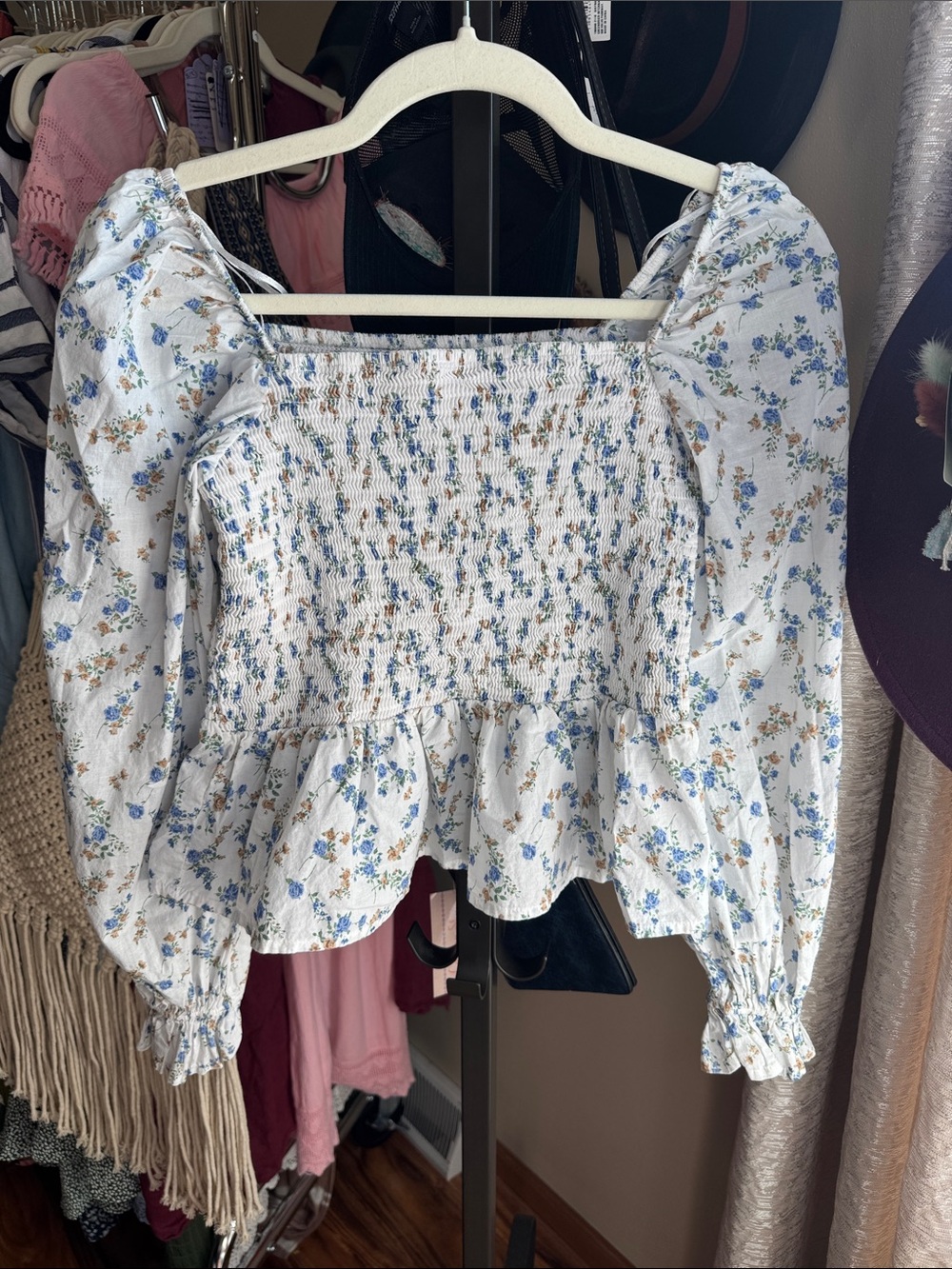 Smocked Floral Peplum Blouse - White with Blue Print